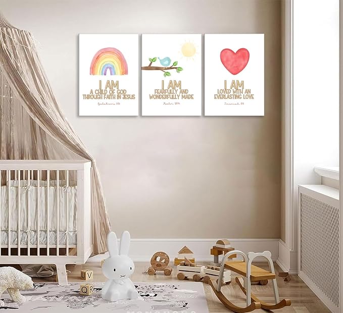 3Pcs Nursery Bible Verse Canvas Wall Art Colorful Rainbow Motivational Affirmation Wall Decor Pictures Christian Kids Scripture Introduction Posters Prints for Kids Room Nursery Home Decoration