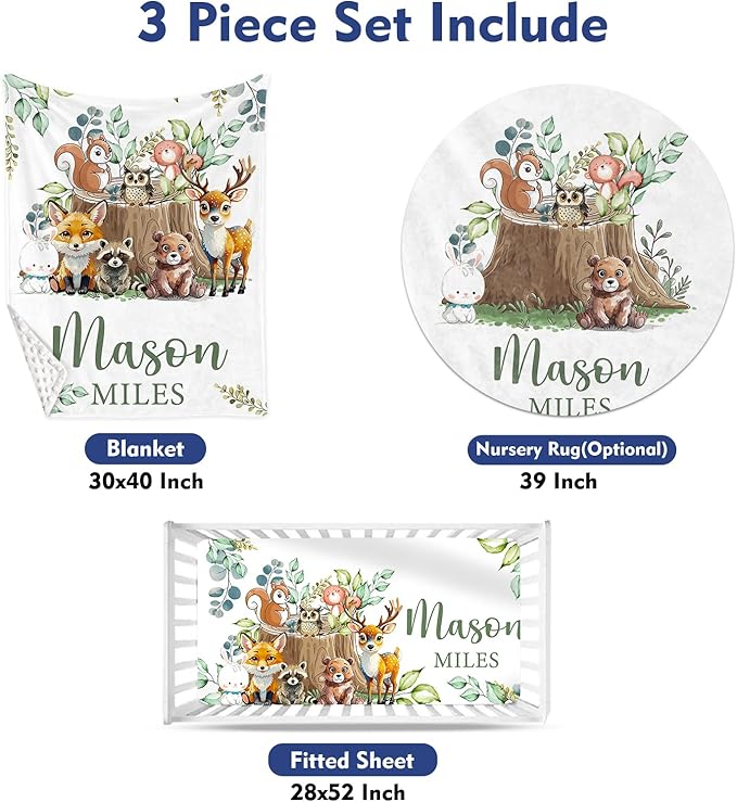 Custom Baby Crib Bedding Set - Animal Stump Design Personalized Name Baby Nursery Bedding 3 Pcs Set - Chic Soft Blanket, Fitted Sheet, Room Rug for Newborns Boys Girls Gifts