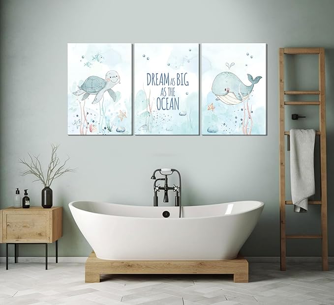 Ocean Nursery Canvas Wall Art Sea Turtle Whale Animal Painting Picture Wall Decor Sea Kids Room Poster Print Artwork for Baby Boys Girl Children's Room Bedroom Home Decoration