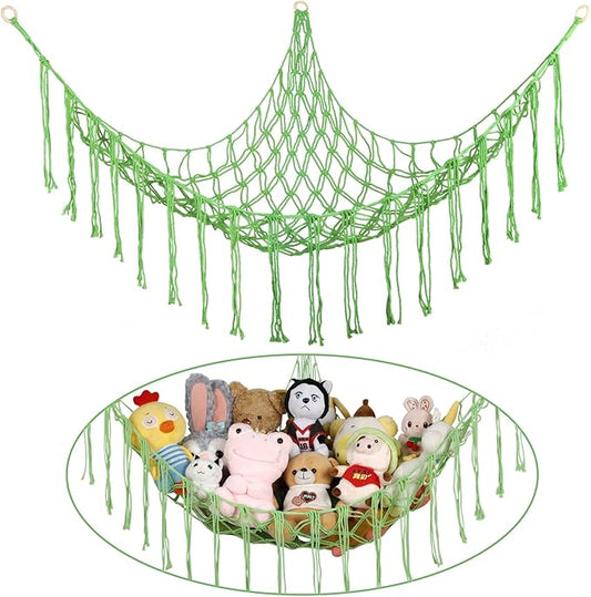 Stuffed Animal Hammock Corner, Hand-knitted Large Plushie Net Toy Hammock with Wooden Rings | Boho Cute Stuff Animal Storage for Nursery & Bedroom | Mesh Kids Toy Organizer Holder Nursery Room Decor