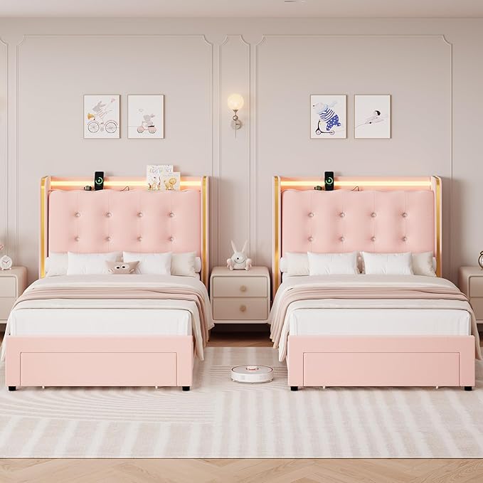 HITHOS Upholstered Twin Led Bed Frame with Charging Station and Storage Drawer, Velvet Princess Platform Bed Frames with Crystal-Button Tufted Headboard for Girls | Kids, No Box Spring Need, Pink