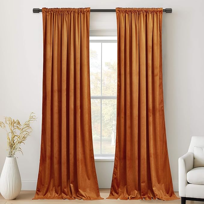 StangH 10 ft Orange Curtains for Holiday Backdrops, Super Soft Thick Velvet Room Darkening Window Curtains for Bedroom/Living Room Sliding Door/Villa, W52 x L120, 2 Panels