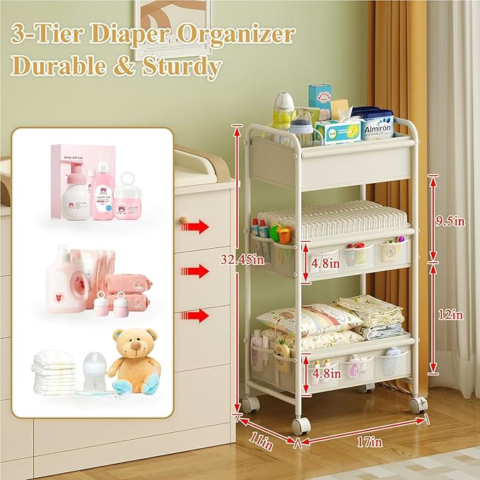3-Tier Baby Diaper Caddy Cart Organizer,Mobile Nursery Storage Cart with Wheels,With 2 Dividers&14 Mesh Pockets Durable Metal Utility Cart for Nursery, Bedroom, Bathroom, Baby Essentials Organization