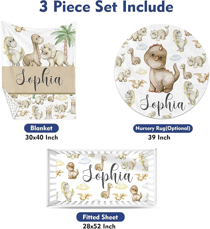 Custom Baby Crib Bedding Set - Cute Dinosaur Design Personalized Name Baby Nursery Bedding 3 Pcs Set - Chic Soft Blanket, Fitted Sheet, Room Rug for Newborns Boys Girls Gifts