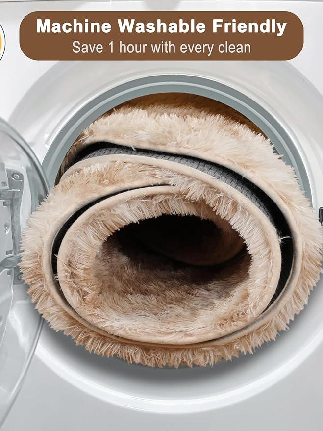 ONASAR Tie-Dye Beige Round Area Rugs 5ft, Soft Bedroom Circle Rug Floor Mats for Kids Girls Teen Room, Kawaii Fluffy Plush Shaggy Carpet for Baby Nursery Living Room Playroom Home Decor
