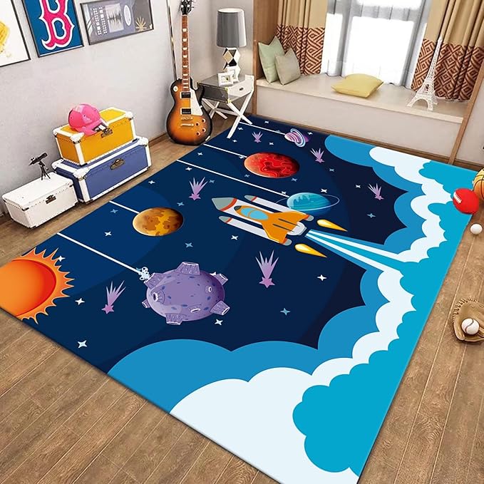 Outer Space Rugs,4x6ft,Kids Playroom Crawling Mat,Machine Washable,Non-Slip Carpet with Cartoon Planets and Rocket Design,Suitable for Kids Bedroom,Classroom,Nursery Decorative Rug