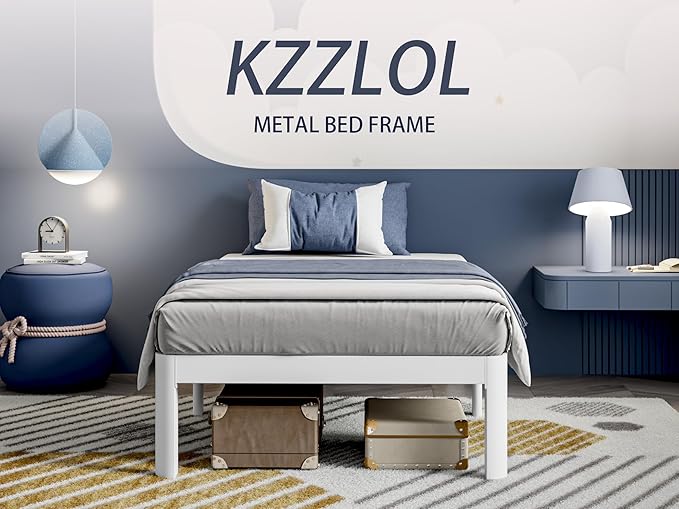 White Twin Size Bed Frames 14 Inch, Metal Platform Twin Bed Frame No Box Spring Needed, Heavy Duty Steel Support 3500 LBS, DIY Headboard, Round Legs, Noiseless, Storage Space, Easy Assembly