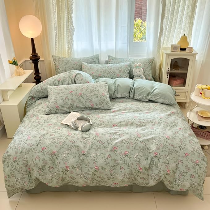 Duvet Cover Twin 2Pcs Green Pink Floral Bedding Set for Girls Kids Botanical Flower Bedding Reversible Striped Pattern Soft Microfiber Sage Green Bedding with 1 Pillowcase(No Comforter)