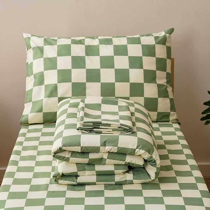 KAREVER Grid Toddler Bedding Set Green White Checkered 4 Pieces Crib Bed Set Kids Pliad Comforter Set