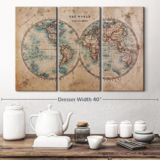 ElephantStock Hemisphere Map Wall Art Multi Piece Canvas - 3 Piece Canvas World Map Wall Decor - Wall Decor Print - Vintage Wall Art - 33" X 20"