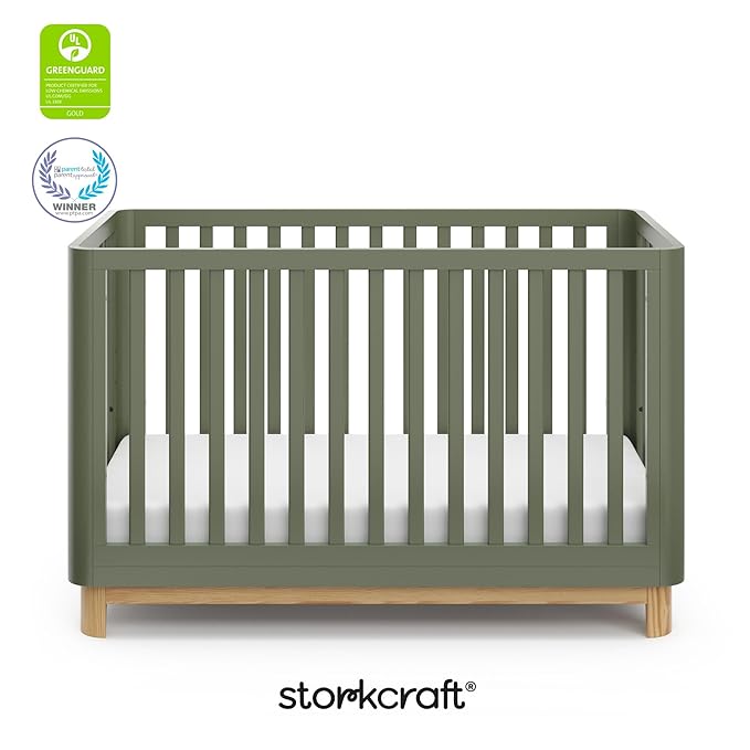 Storkcraft Santos Convertible Crib (Olive & Natural) – GREENGUARD Gold Certified, Fits Standard Crib Mattress, Converts to Toddler Bed and Daybed, 4 Adjustable Mattress Heights, Rounded Edges