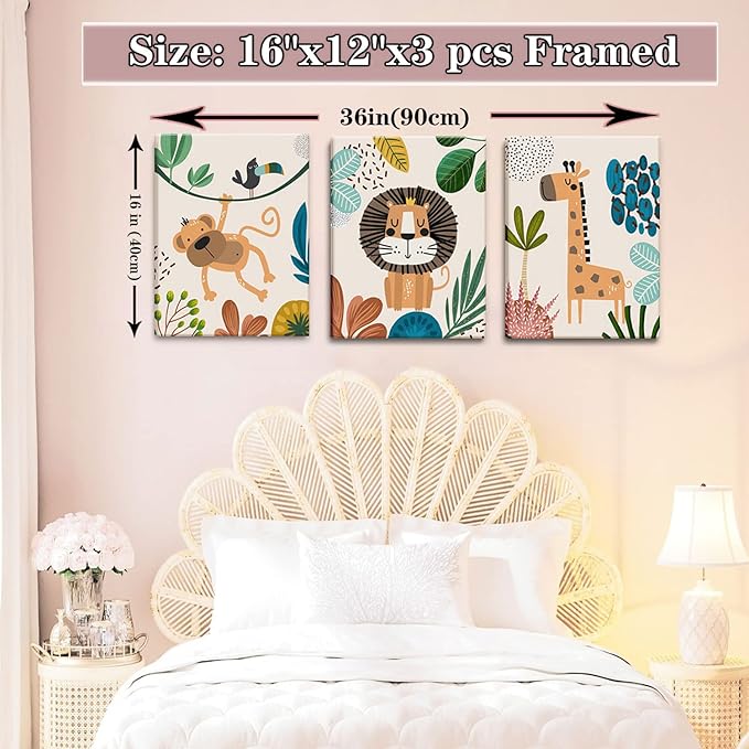 AKWISH Safari Jungle Nursery Wall Decor Set of 3 - Framed Animal Canvas Wall Art for Baby Room, Toddler Boy or Girl Bedroom, Cute Safari Themed Baby Nursery Decor 12x16in