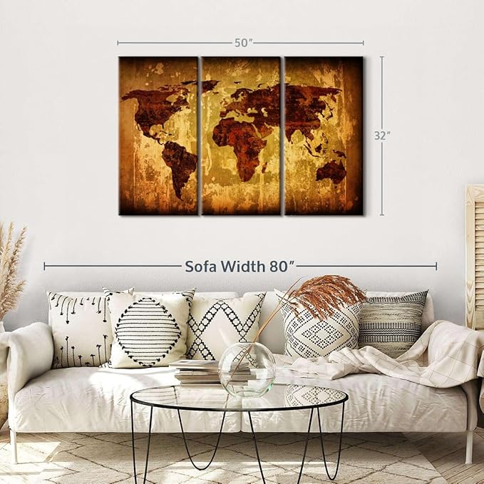 ElephantStock Vintage World Map Wall Art Multi Piece Canvas - 3 Piece Canvas World Map Wall Decor - Wall Decor - Ready-to-Hang Print - Vintage Wall Art - 50" X 32"