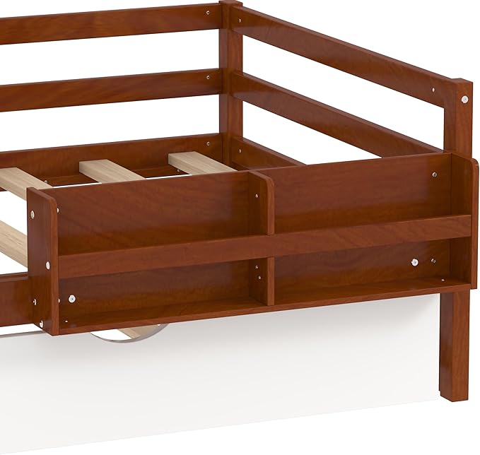 Merax Twin Size Corner Bed with Trundle and Drawers, Wooden Daybed Frame with Storage Cabinets, Bookshelves, and Safety Guardrail, Twin Bed Frame for Kids, Boys Girls, Easy Assembly,Walnut