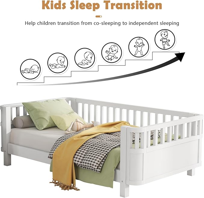 Twin Size Kids Bed Montessori Daybed with Safety Rails and Headboard, Low Profile Wood Platform Twin Bed Frame with Slats for Kids Boys Girls Bedroom, No Spring Box Required, Twin White