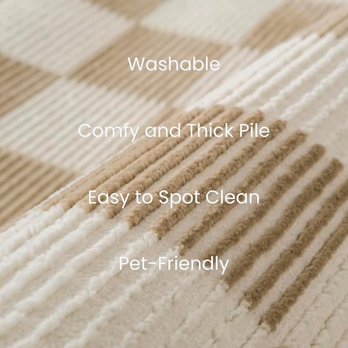 Revival Rugs Gambit 5'3"x8' Checkered Rug Washable Area Rug for Living Room Bedroom - 100% Recycled Oeko-TEX Certified, Medium Pile, Camel, Beige