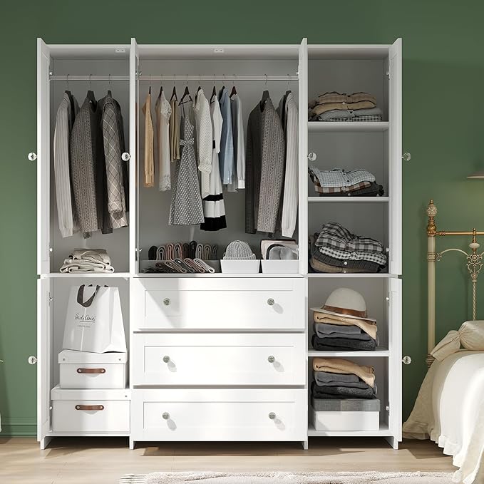VOWNER Armoire Wardrobe Closet with Drawers and Mirror, 71" Clothing Storage Cabinet with Hanging Rod, 6 Doors Wooden Wardrobe Cabinet for Bedroom, Large Capacity Storage