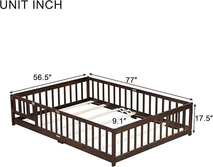 Full Size Floor Bed for Kids, Wood Montessori Floor Beds with Fence Railings, Door & Slats Support, Full Playhouse Bed Frame for Boys Girls, No Box Spring Needed, Espresso