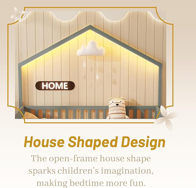 Full Size House Bed for Kids, Low Profile Full Montessori Bed with High Railings, Wood House Shape Montessori Beds with Light & Roof for Kids, Gray