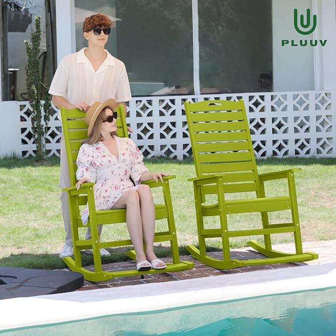 Outdoor Rocking Chair Set of 4 with Removable Footboard for Adults, HDPE High Back Patio Rocking Chairs, 330lbs All Weather Porch Rocking Chairs for Outdoor & Indoor -Pistachio Green
