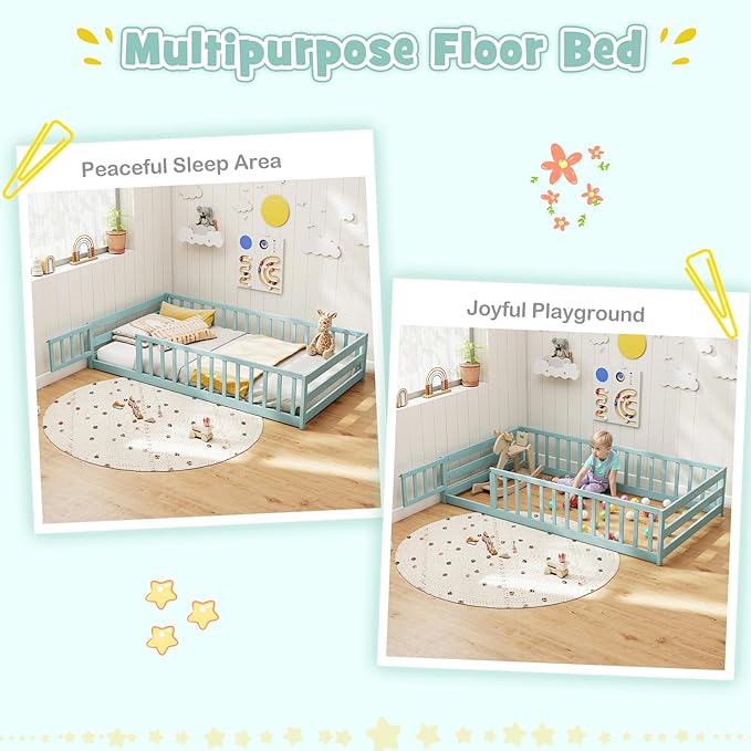 KOMFOTT Twin Size Wood Floor Bed with Door & Fence, Montessori Bed Frame with Full Length Safety Guardrails, Door & Latch, Wooden Montessori Floor Bed for Kids, Girls, Boys (Twin,Green)