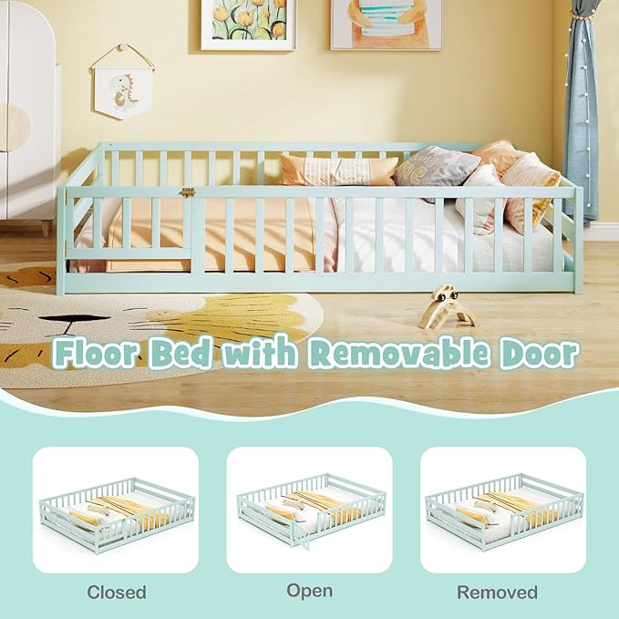KOMFOTT Full Size Wood Floor Bed with Door & Fence, Montessori Bed Frame with Full Length Safety Guardrails, Door & Latch, Wooden Montessori Floor Bed for Kids, Girls, Boys (Full,Light Green)