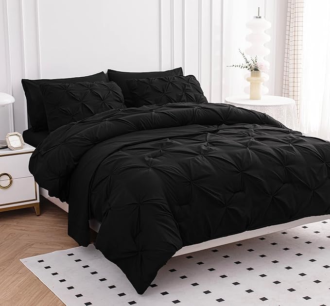 Lane Linen Full Size Comforter Sets, 7 Piece Bed in a Bag Full Size, Soft Full Size Bed Set, Pintuck Bedding Comforter Sets Full Size, Full Size Comforter Sets with Sheets, Pillowcases & Shams - Black