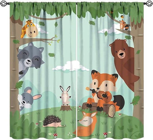 Forest Animals Curtains Colorful Forest Cartoon Cute Fox Bear Giraffe for Kids Boys Girls Nursery Bedroom Living Room Blackout Rod Pocket Decoration Window Drapes 2 Panels W21xL63in