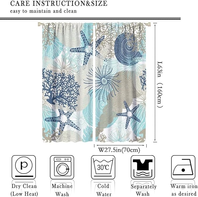 Coastal Curtains Ocean Beach Themed Room Darkening Window Curtain Nautical Coral Blackout Curtain for Bedroom Living Room Bathroom Nursery Set 2 Panels,55x63 Inches