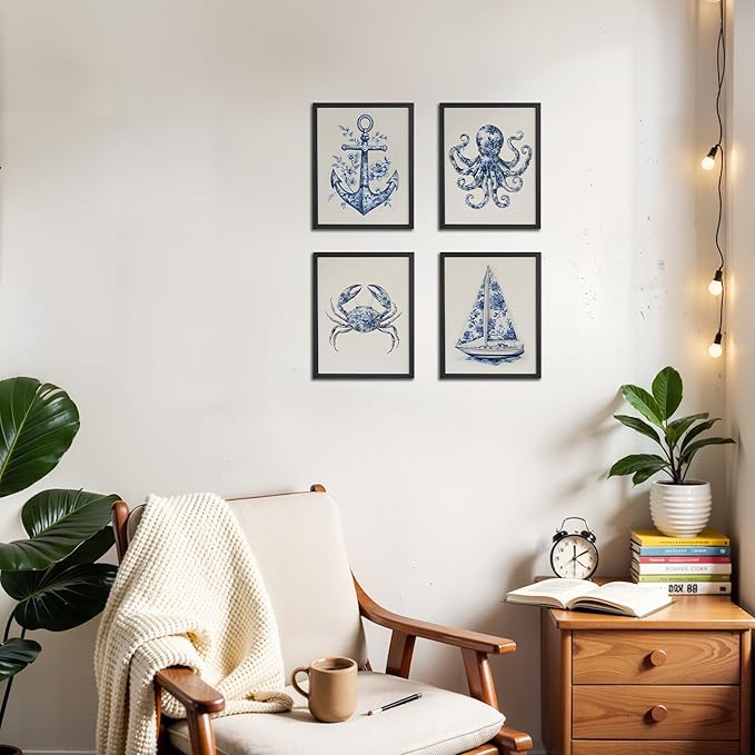 OFJE Coastal Beach Wall Art Decor Prints Set of 4, Chinoiserie Marine Biology Crab Sailboat Anchor Octopus Wall Art Posters Decor for Home Bedroom Living Room, 8x10 Unframed