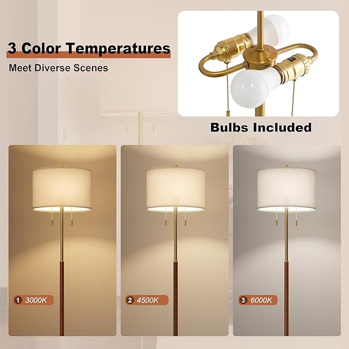 61" Wood Floor Lamp for Living Room 2-Light Standing Tall Lamps Mid Century Modern Floor Lamps for Bedroom Office Nursery Corner Industrial Reading Room Lamp, 3 Color Temperatures 9W Bulbs Included
