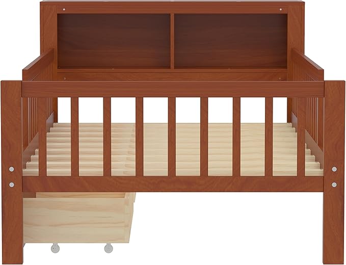 Wood Twin Size Platform Bed with Safety Fence for Kids Boys Girls, Platform Bed Frame with Practical Headboard and 2 Under-Bed Drawers, Sturdy Slats Support (Walnut-3.15)
