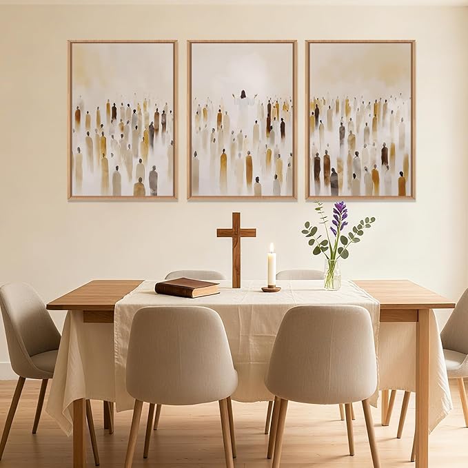 HLNIUC Jesus Feeds The 5000 Easter Christian Wall Art Set of 3, Minimalist Canvas Wall Decor, Bible Scripture 16"x24" Framed Art, Abstract Religious Prints for Living Room, Bedroom, Church