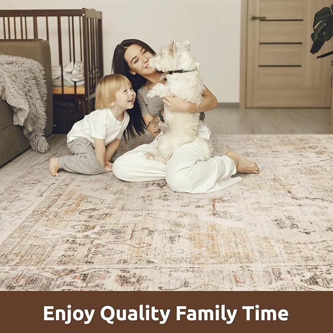AMOAMI-Area Rug 8FT X 10FT Rugs for Living Room-Vintage Soft Beige Rugs for Bedroom-Non Slip Carpet-Washable Rug for Dining Room Living Room Bedroom Office Under Table