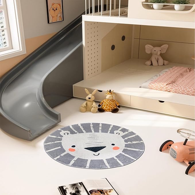ABREEZE Kids Play Rug 2.6ft, Lion Round Area Rug Nursery Door Mat Soft Plush Non-Slip Carpet for Bedroom Living Room Kids Playroom