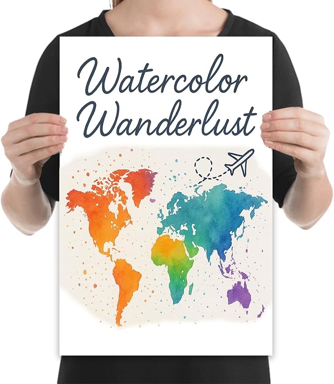 Travel World Map Poster - Handwritten Calligraphy Design - Gloss Paper Finish - Wall Art for Home Office or Nursery