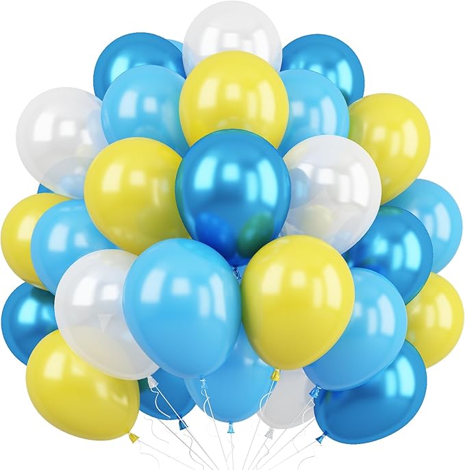 Blue Yellow Balloon, 60 PCS 12 Inch Cartoon Theme Balloons Blue Yellow and White Balloons for Kids Cartoon Party Baby Shower Duck Birthday Party Decorations