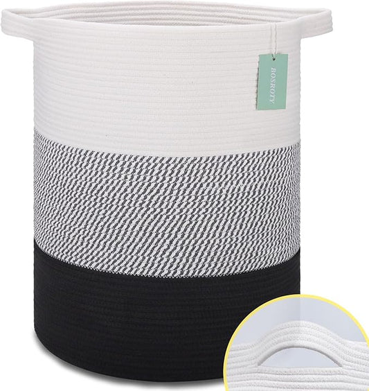 BOSROTY Large Laundry Hamper for Girls Boys Kids 72L, Nursery Hamper, Tall Laundry Basket, Cotton Rope Woven Blanket Basket for Storage Toys Clothes Towels, 16”x 22”, White & Gray & Black