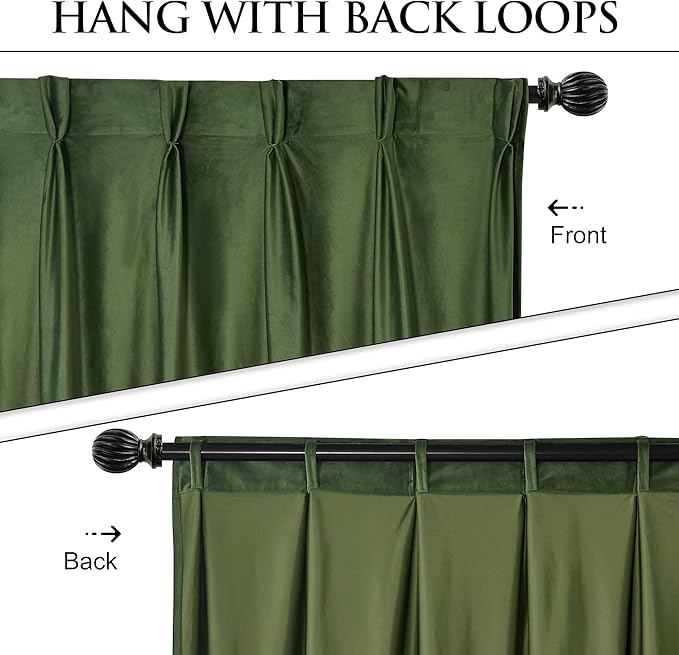 StangH Luxury Pinch Pleated Velvet Curtains 96 inches Long, Moss Green Decorative Room Darkening Window Drapes Vertical Temperature Balance Solid Backdrops for Theater, W42 x L96, 2 Panels