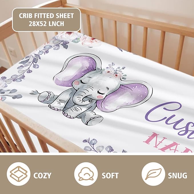 Personalized Crib Bedding Set for Boys Girls, Custom Baby Crib Sets with Name, Light Purple Elephant Design Nursery Bedding 2 Piece - Soft Blanket with Double Layer Dotted Backing, Crib Fitted Sheet