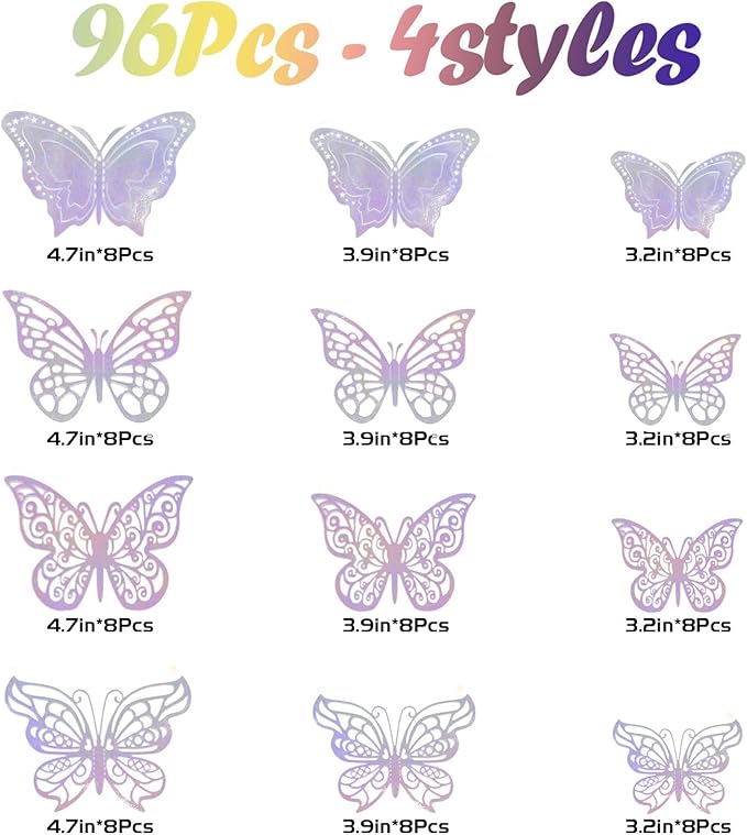 96 Pcs Butterfly Decorations 3 Sizes 4 Styles 3D Butterfly Wall Decor Party Decorations Butterflies for Crafts Birthday & Wedding Celebrations Cake Decorating Balloons Removable Stickers Dazzling