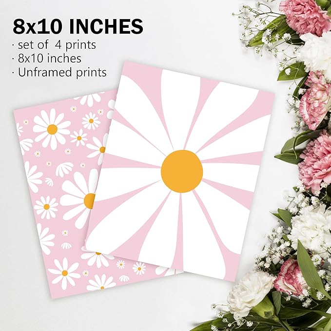 AEHIE Boho Pink Daisy Flower Decor Wall Art Print, You Are My Sunshine Poster for Baby Girls Room Nursery, Bohemian Wall Decor, 4pcs