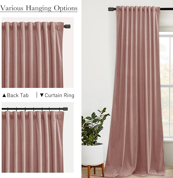StangH Dusty Pink Living Room Curtains 105 inches Long Soft Velvet Privacy Light Reducing Window Drapes for Bedroom Back Tab Thermal Insulated Panels, W52 x L105, 2 Panels