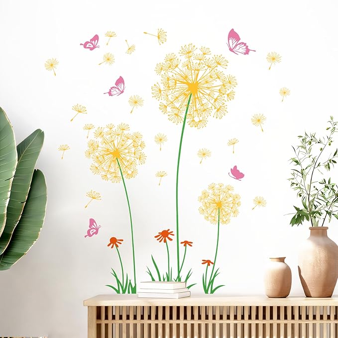 2 Sheets Dandelion Wildflower Wall Decals Art, Wall Art Stickers Peel and Stick Floral Butterflies Flying Decor for Girls Kids Women Baby Nursery Room Bedroom Bathroom Hallway Stairwell (Yellow)