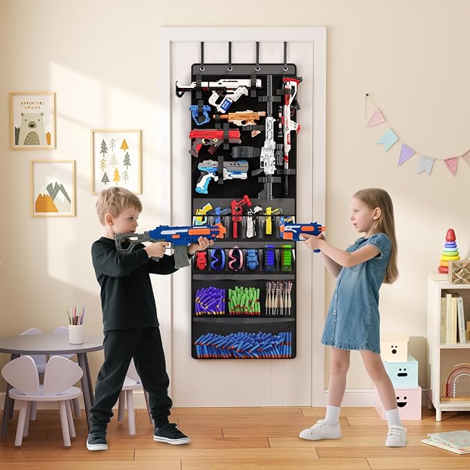 Over The Door Organizer for Toy Guns, Toys Storage Door Hanger with Pockets and Slots for Kids Foam Blasters, Darts, Goggles, Over Door Toys Storage Organizer, for Kids Rooms, Game Rooms, Gray