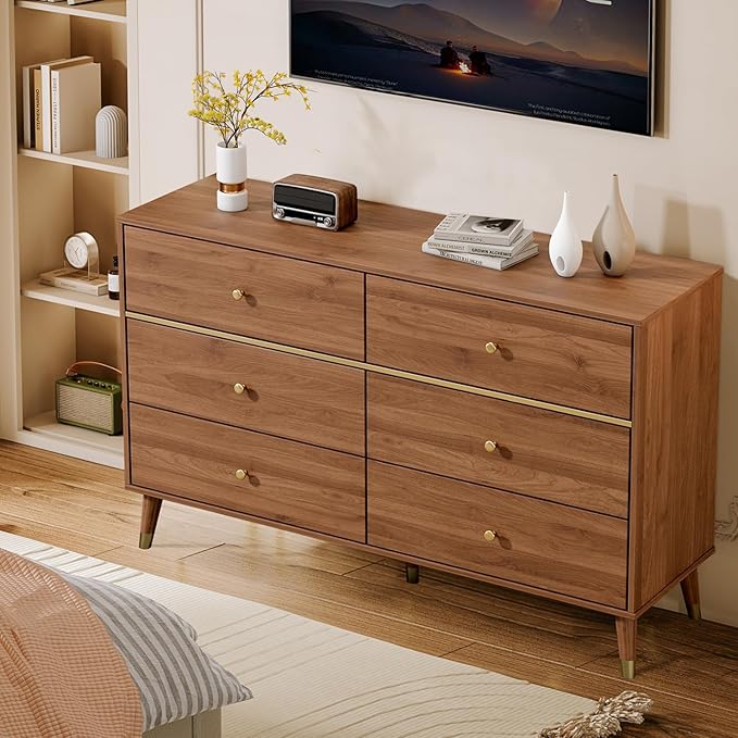 6 Drawer Dresser,47" Wide Mid Century Chest of Drawers,Wooden Bedroom Drawer Dresser with 6 Storage Drawers for Bedroom,Living Room,with Anti-Tipping Device,Dark Walnut