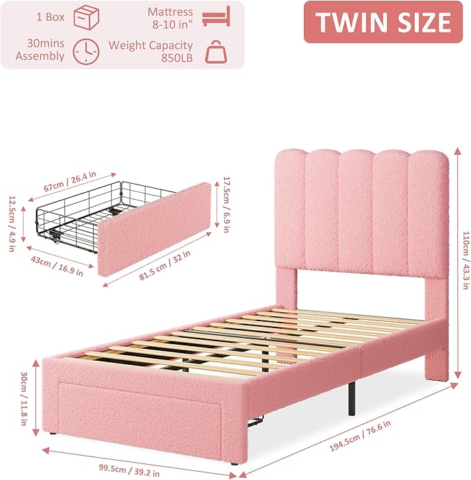 GarveeHome 2 Sets Twin Bed Frame with Under-Bed Drawer, Upholstered Platform Bed with Wave Headboard for Kids/Girls, Wooden Slats Support, No Box Spring Needed, Boucle Pink