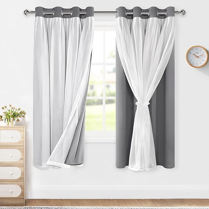XWZO 100% Blackout Double Layer Curtains, Blackout Curtains with Sheer Overlay for Living Room, Children's Room, Grommet Thermal Insulated Privacy Curtains with Tiebacks, 2 Panels, 52x63, Grey
