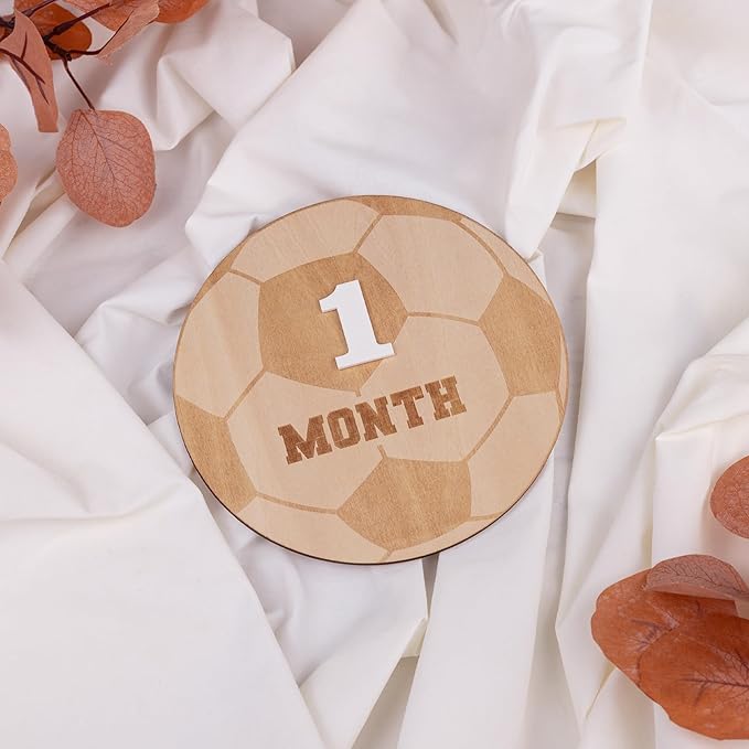 Wooden 3D Baby Monthly Milestone Cards Monthly Milestone Discs Newborn Photography Props Baby Announcement Sign Baby (Soccer)