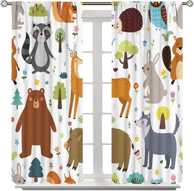 Forest Animals Kids Blackout Curtains Cartoon Cute Bear Deer Squirrel Owl Hedgehog Modern Art Print for Boys Girls Bedroom Living Room Nursery Rod Pocket Decoration Window Drapes 2 Panels W36xL63in